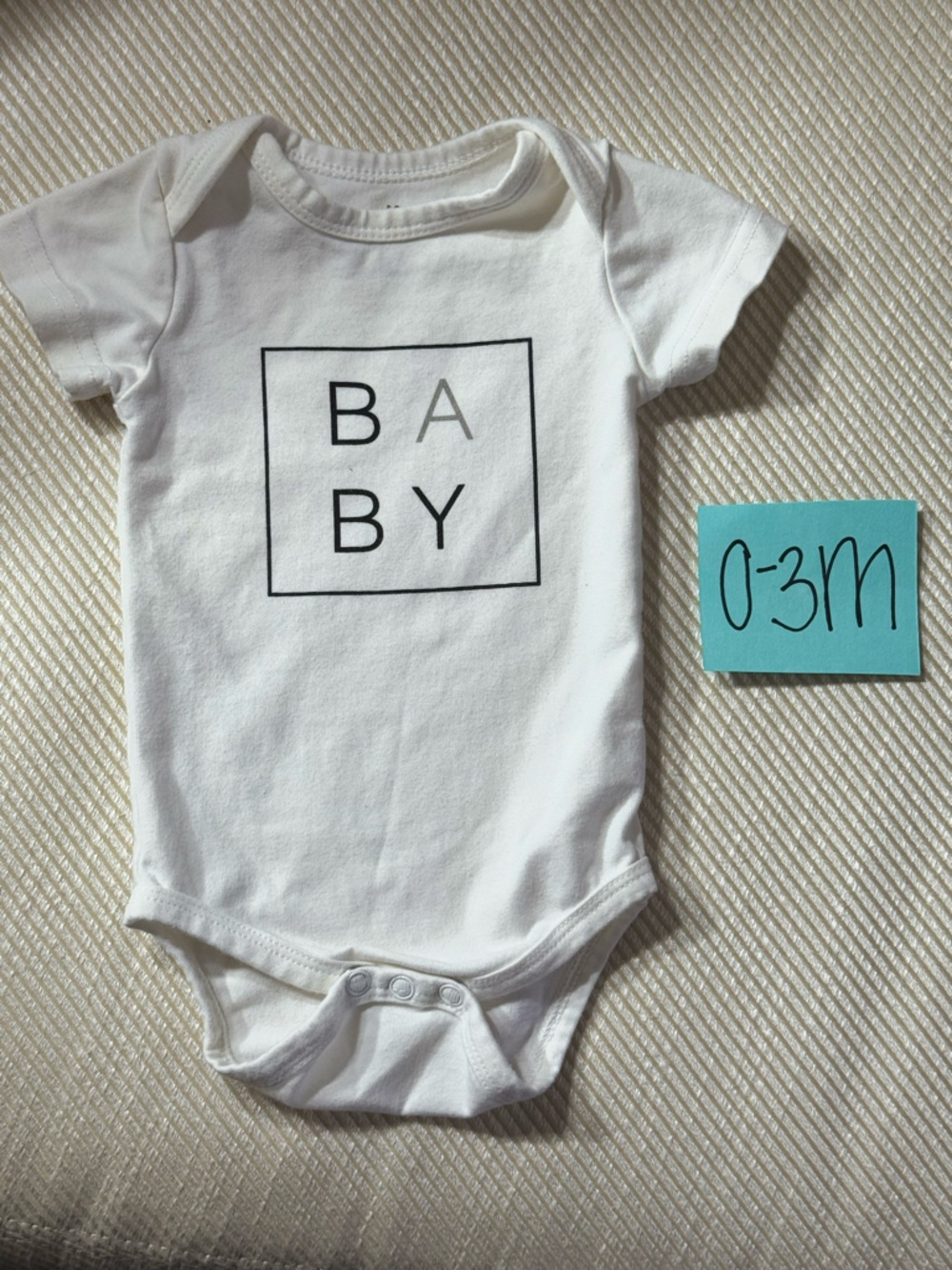 NWOT White Baby Onesie with BABY Square Graphic, 0-3 Months